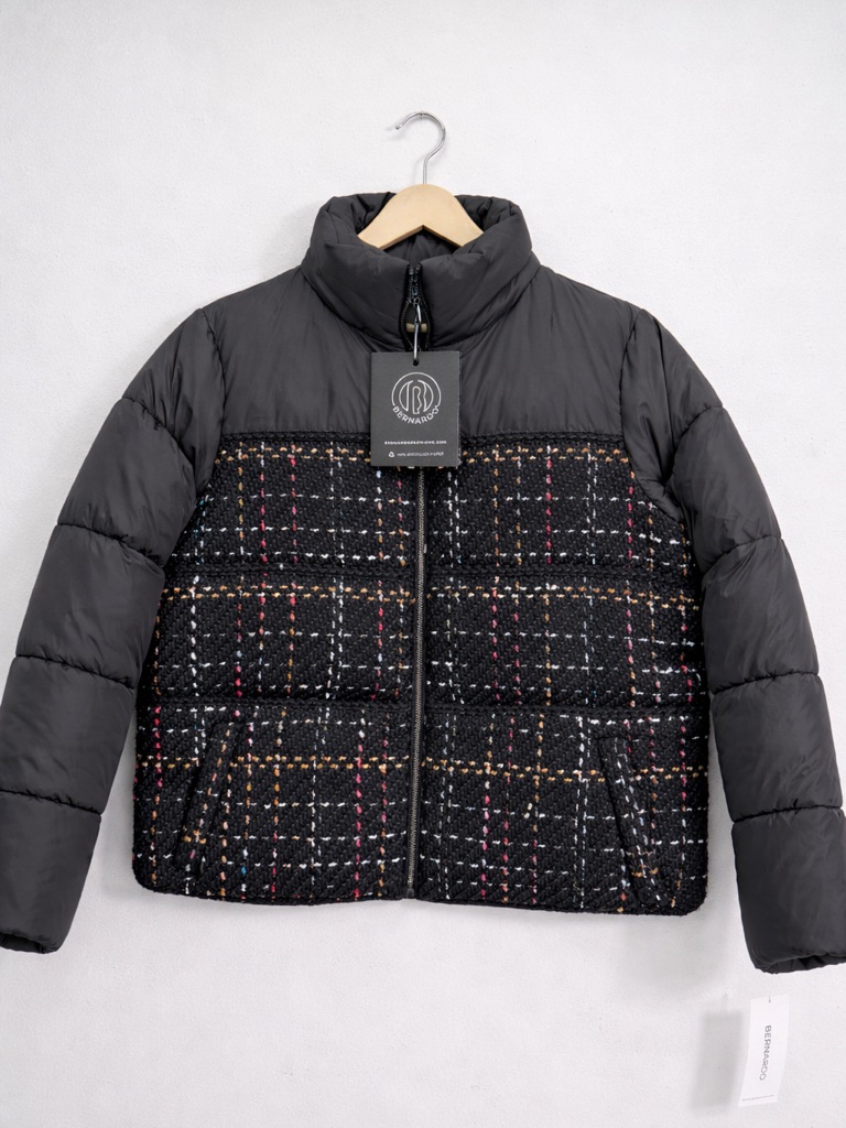Bernardo Black Puffer Jacket With Tweed Plaid Panel Sz M Nwt